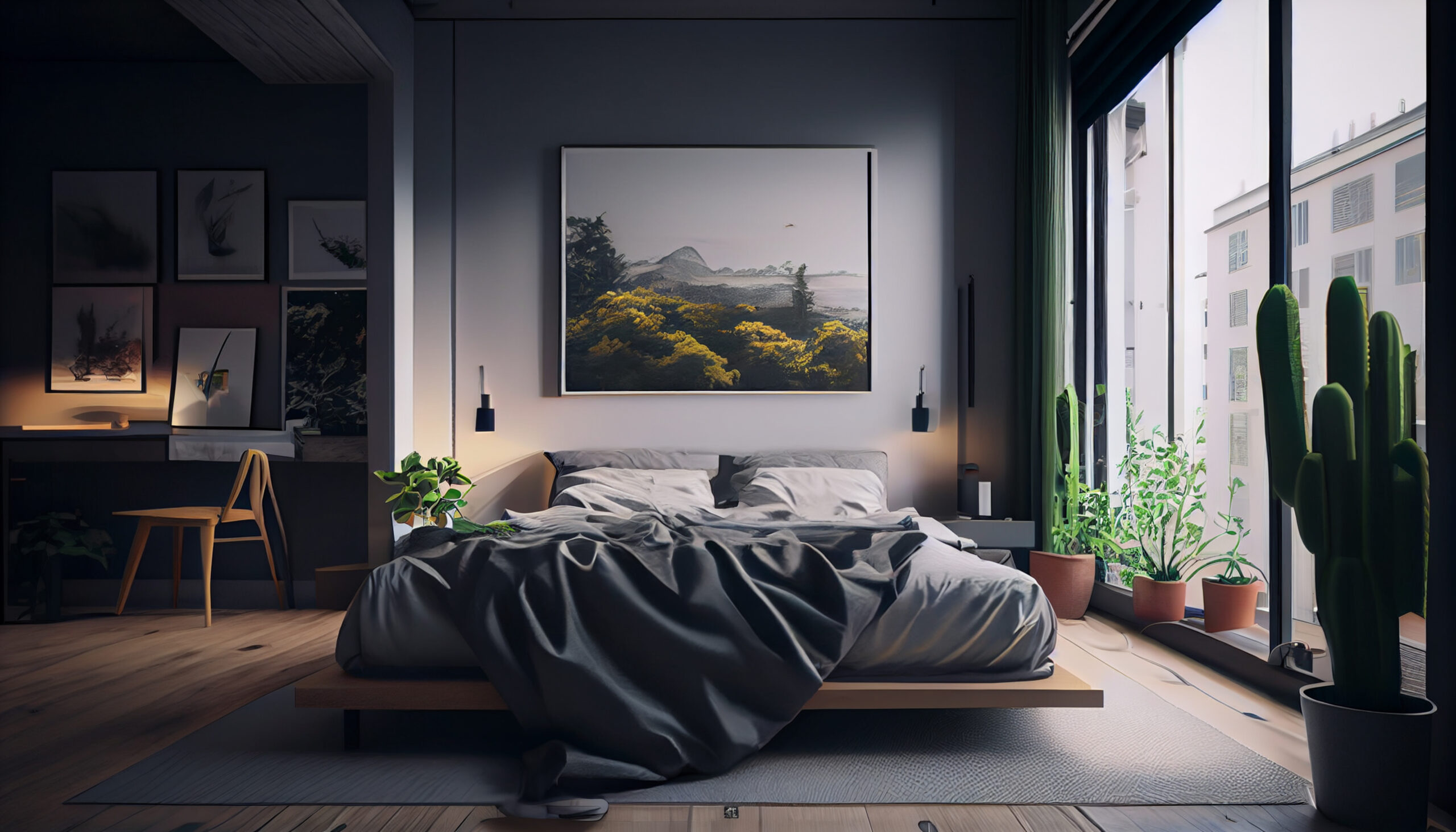 modern apartment bedroom, comfortable bed near window ,generative ai